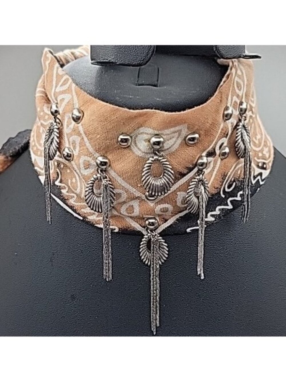 Dannijo Bandana Necklace Black Brown Print Silver Studs Fringe Boho Festival - Picture 3 of 13
